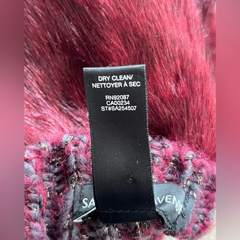 SAKS FIFTH AVENUE Fingerless Knit Gloves Faux Fur Burgundy Gray Metallic